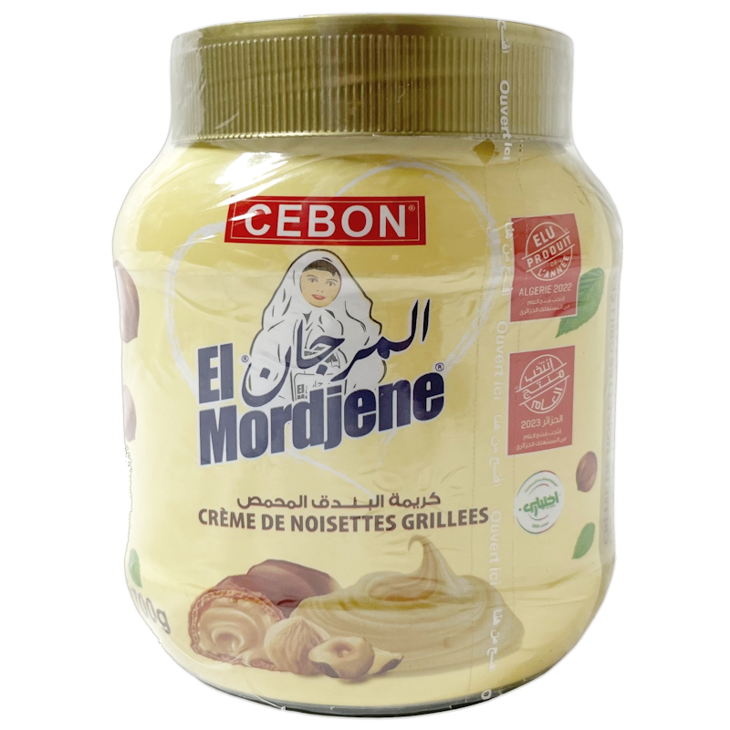 Pot de pâte à tartiner noisette halal El Mordjene 700g face avant Pot de pâte à tartiner noisette halal El Mordjene 700g face avant