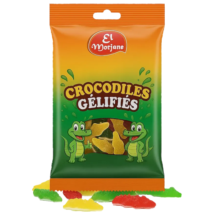 Sachet de bonbons halal en forme de crocodiles gélifiés 80g